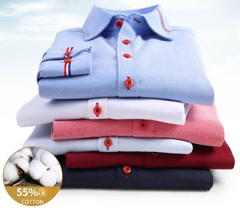 Men's Long Sleeve Oxford Striped Casual Shirt Front Patch Regular-fit Button Down Collar Dress Shirts Camisetas Men Clothing