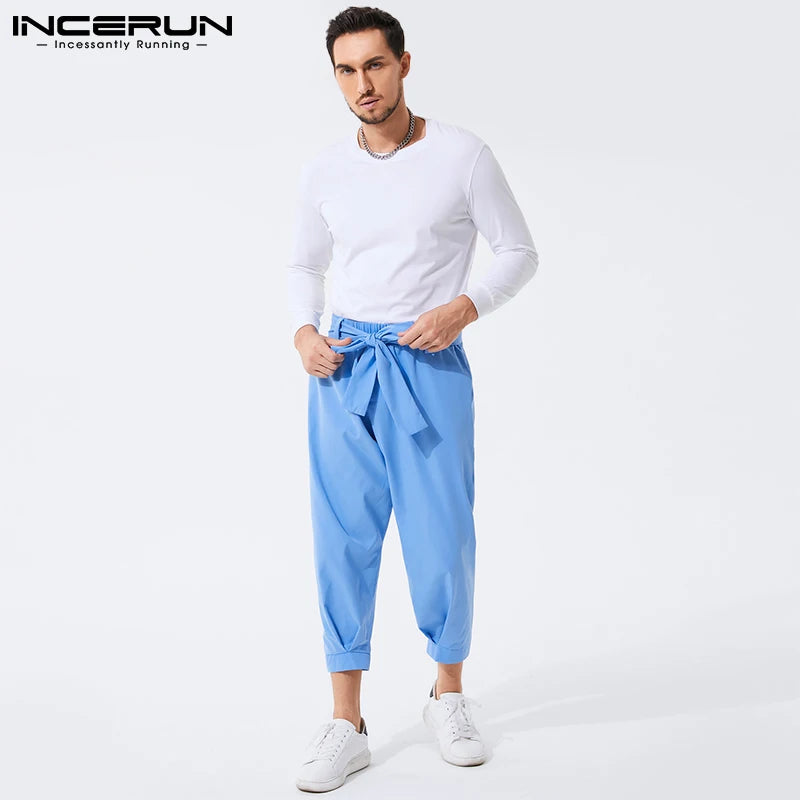 Men Pants Solid Color Joggers 2023 Baggy Lace Up Fashion Casual Trousers Men Streetwear Leisure Pantalon With Belt 5XL INCERUN 7