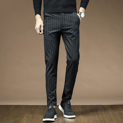 Fashion High Quality OUSSYU Men Pants Straight Long Classic Business Brand Thin England Stripe Casual Full Trousers Male 36 38