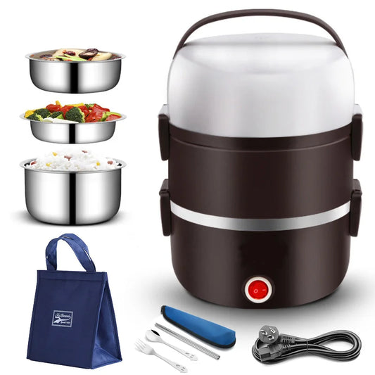 220V Electric Heating Lunch Box Stainless Steel 2L Large Thermal Food Container Warmer Mini Rice Cooker Work Home Lunchbox Set