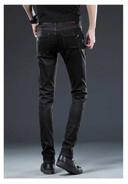 Trendy Men Clothing Slim Button Black Jeans Solid Color Stretch Skateboard Multi-button Youth Male Skinny Denim Pants