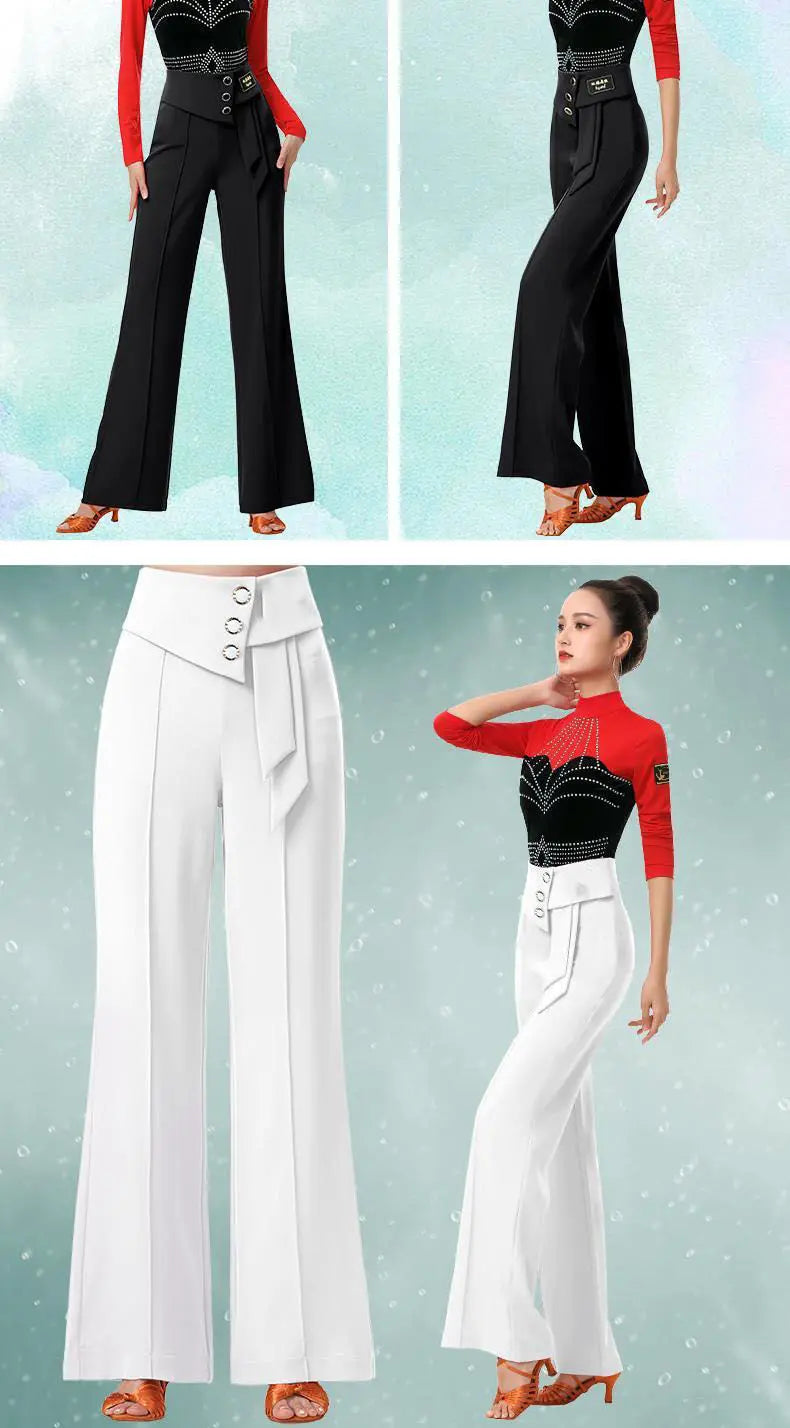 Modern Dance Pants New Latin Dance Wide Leg Pants Adult High Waist Ribbon Gitba Pants Women Ballroom Dance Wear