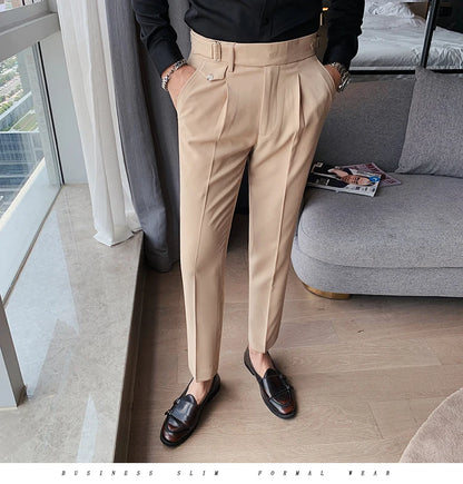 British Style New Solid High Waist Suit Pant Men Business Formal Wear Trousers 2024 High Quality Slim Casual Office Suit Pants