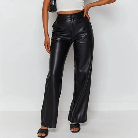 Women's PU Pants High Waist Loose Style Trousers With Pockets Solid Color Straight-leg Pants Brown Black Streetwear Autumn