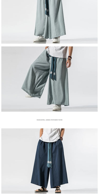 2024 Men Wide Leg Pants Mens Cotton Joggers Retro Loose Trousers Man Chinese Style Linen Pants Male Big Crotch Nepal Robe Pants