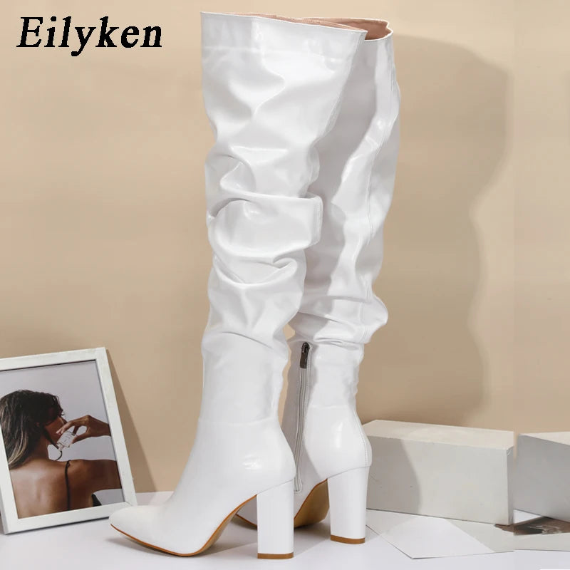 Eilyken Fashion White Pleated Women Over-the-Knee Boots Sexy Pointed Toe Square Heels Ladies Long Zipper Female Shoes