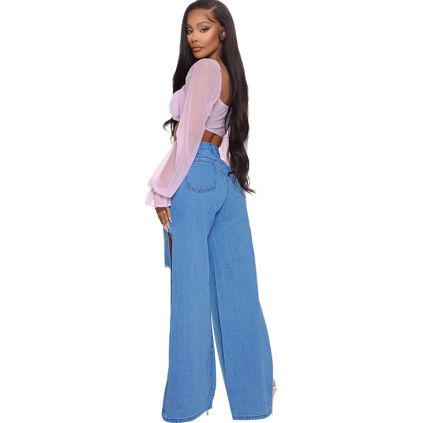 Blue Sexy Hole Jeans Women Stretch Split Wide Leg Denim Flare Long Pants Spring Autumn New High Street Ladies Fashion Club