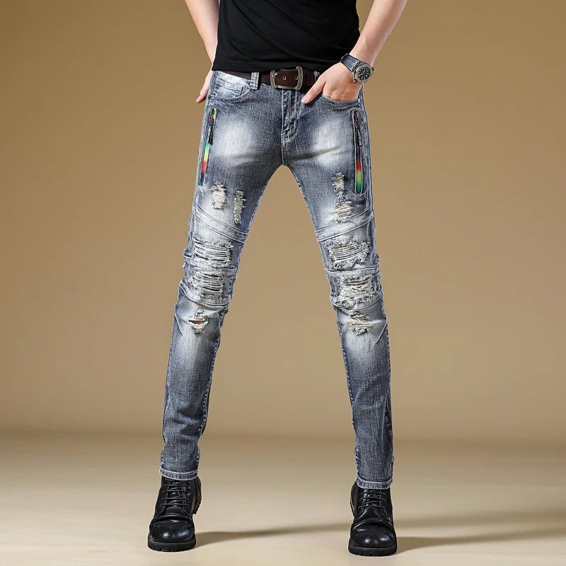 High-quality New Mens Ripped Jeans Cotton Black Slim Skinny Motorcycle Jeans Men Vintage Distressed Denim Jeans Hiphop Pants