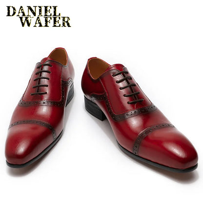 Luxury Men's Genuine Leather Shoes Handmade Office Wedding Dress Red Black Pointed Cap Toe Lace Up Oxford Formal Shoes for Men