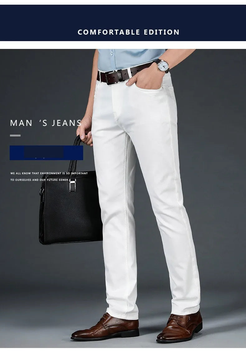 2021 All White Jeans Regular Straight Washed Classic Denim Pants Brand Male Casual Trousers Four Seasons Wear