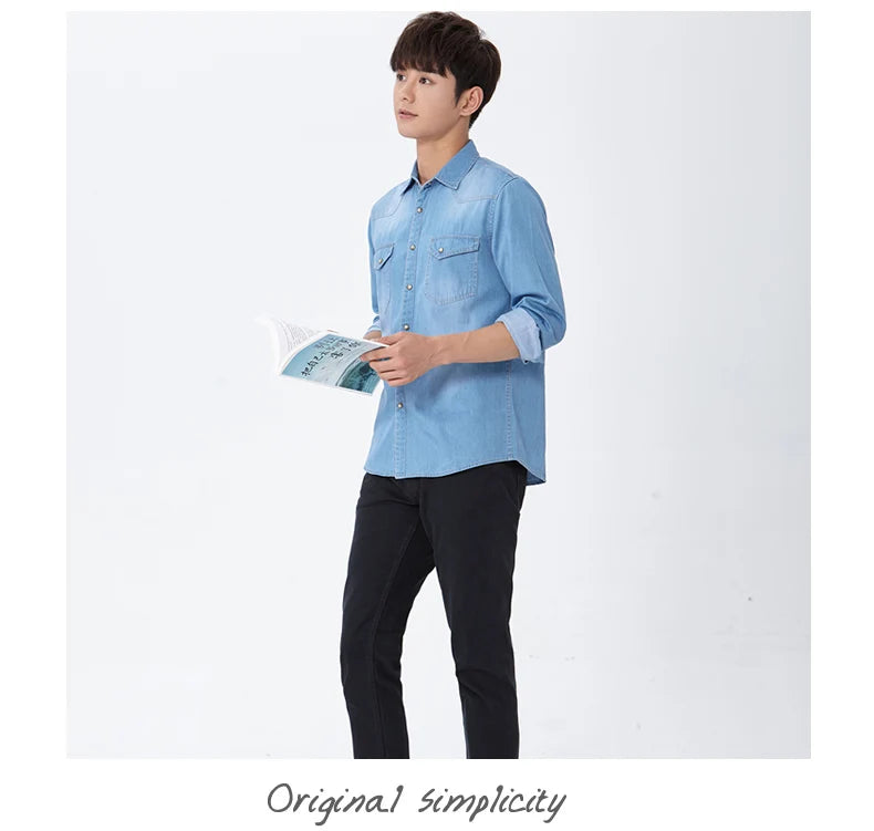 Fashion Men Denim Shirt Thin Long Sleeve Soft Cotton Double Pockets Slim Slight Elastic Jeans Blue Tops Cowboy Clothing