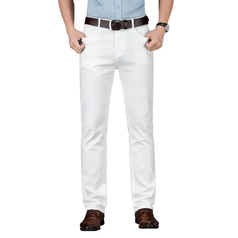 2021 All White Jeans Regular Straight Washed Classic Denim Pants Brand Male Casual Trousers Four Seasons Wear