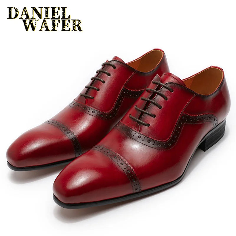 Luxury Men's Genuine Leather Shoes Handmade Office Wedding Dress Red Black Pointed Cap Toe Lace Up Oxford Formal Shoes for Men