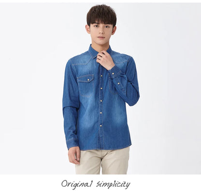 Fashion Men Denim Shirt Thin Long Sleeve Soft Cotton Double Pockets Slim Slight Elastic Jeans Blue Tops Cowboy Clothing