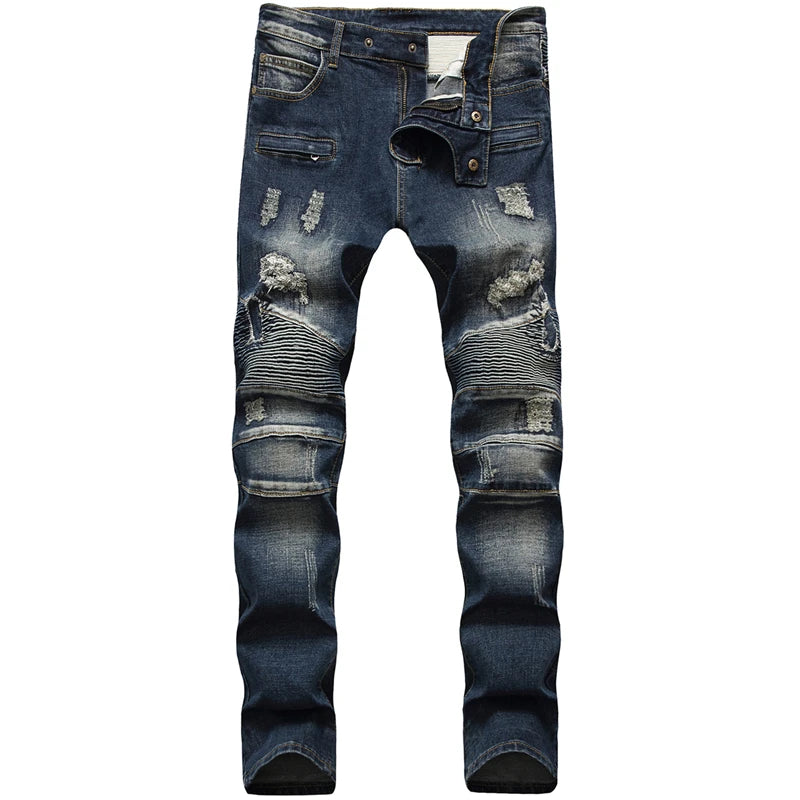 High-quality New Mens Ripped Jeans Cotton Black Slim Skinny Motorcycle Jeans Men Vintage Distressed Denim Jeans Hiphop Pants