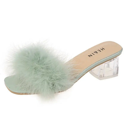 New Summer Fluffy Peep Toe Sexy High Heels Women Shoes Fur Feather Lady Fashion Wedding Slip-On Pink Square Toe Women Sandals