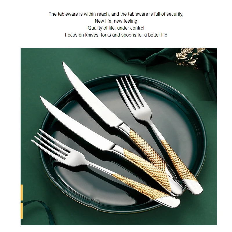 Golden Spoon Dinnerware Set Stainless Steel Tableware Set Western Home Kitchen Knife Fork Spoon Luxury Cutlery Set Bright Light