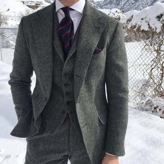 Gray Wool Tweed Winter Men Suit's For Wedding Formal Groom Tuxedo Herringbone Male Fashion 3 Piece Suit (Jacket + Vest + Pants)