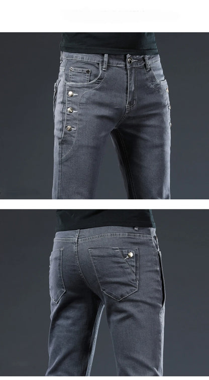 Trendy Men Clothing Slim Button Black Jeans Solid Color Stretch Skateboard Multi-button Youth Male Skinny Denim Pants