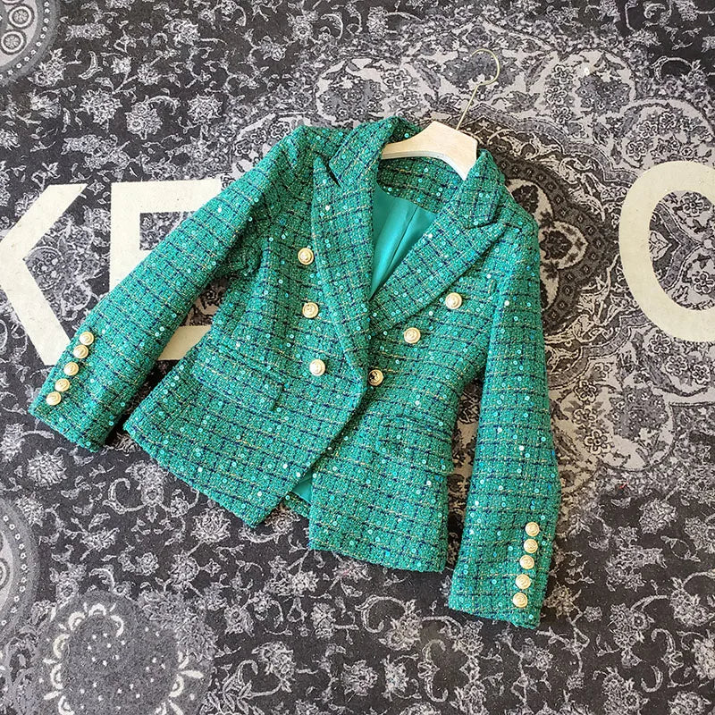 2023 New High Quality Autumn Winter Green Plaid Tweed Jacket Coat Vintage Women Turn Down Collar Sequined Thick Slim Outerwear