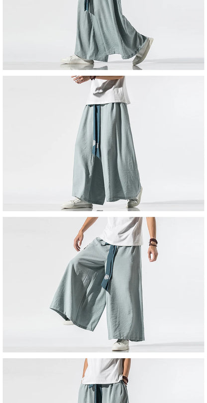 2024 Men Wide Leg Pants Mens Cotton Joggers Retro Loose Trousers Man Chinese Style Linen Pants Male Big Crotch Nepal Robe Pants