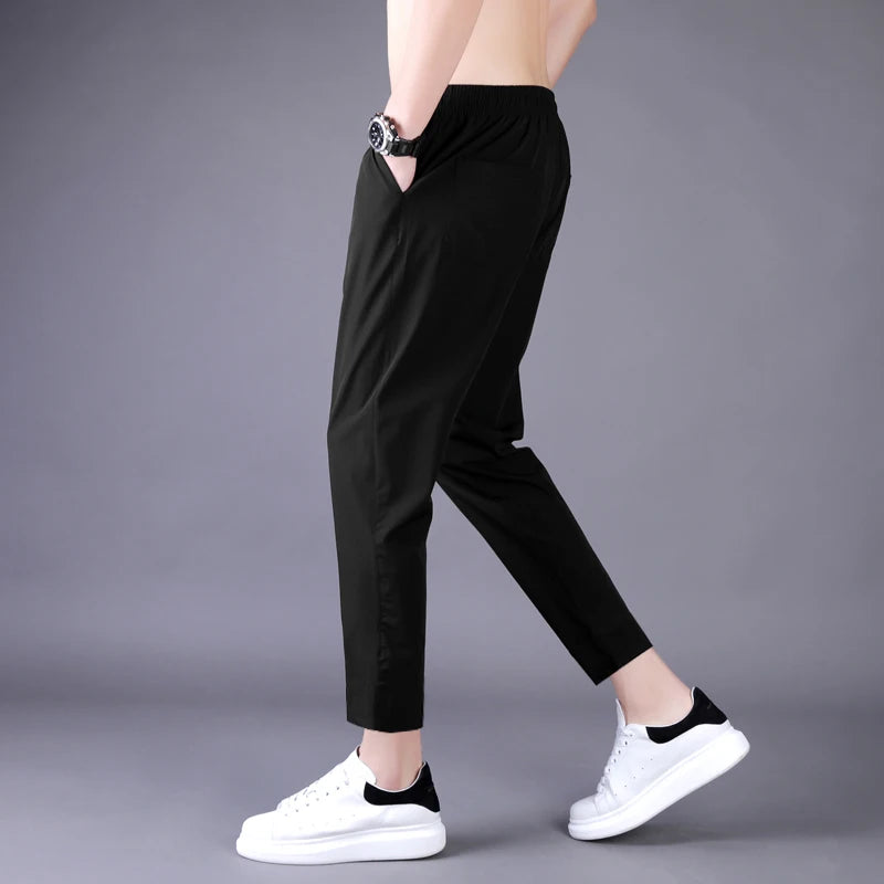 Men's Summer Thin Pants Korean Trend Nine Straight Tube Loose Ice Silk Elastic Sweatpants For Boys Spring And Autumn Student