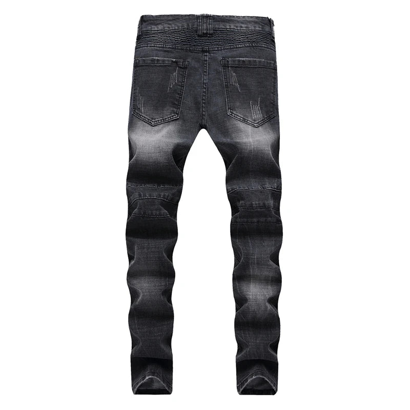 High-quality New Mens Ripped Jeans Cotton Black Slim Skinny Motorcycle Jeans Men Vintage Distressed Denim Jeans Hiphop Pants