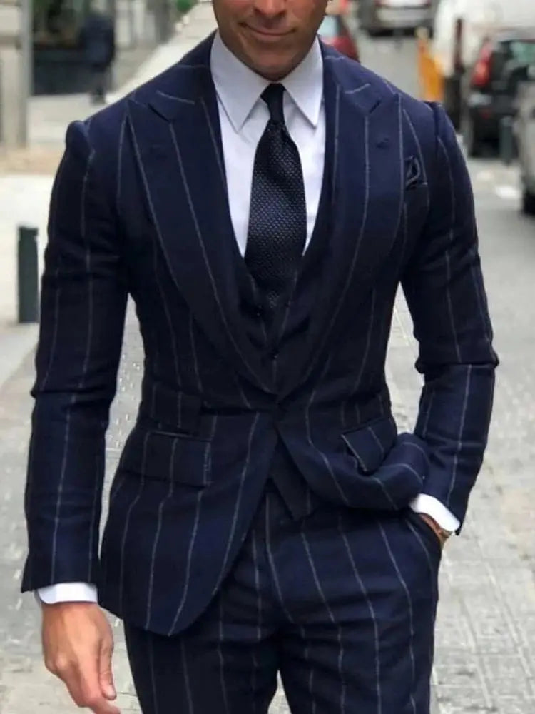 Classic Business Man Suit Single Breasted Blazer Customized Navy Stripes Jacket Vest Pants 3-Piece Groom Party Wedding Tuxedo