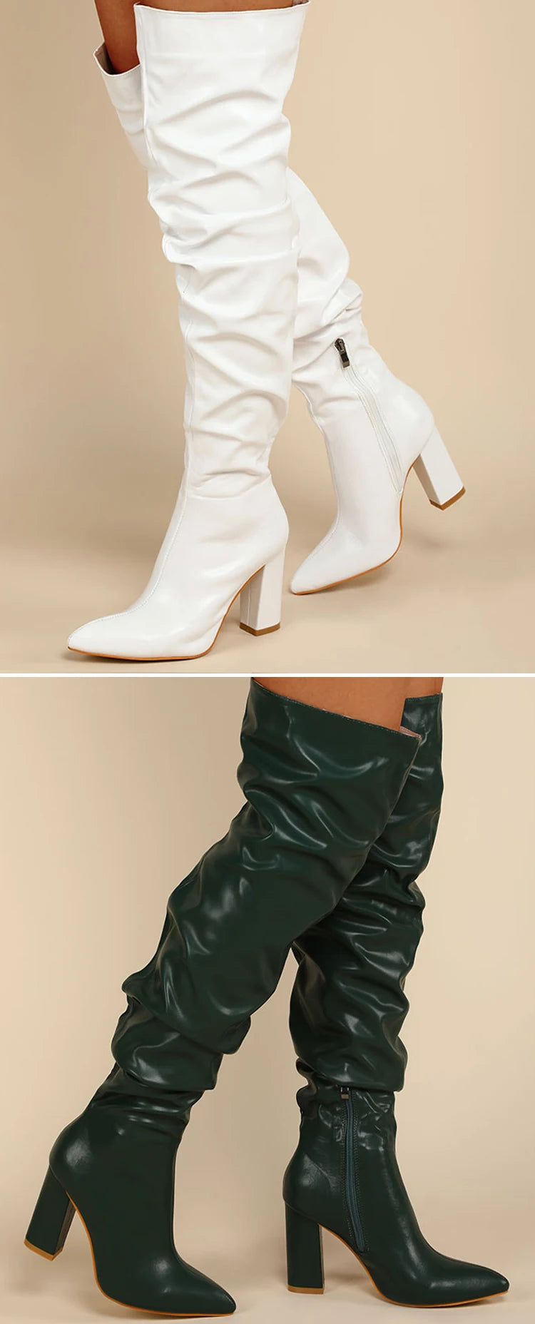 Eilyken Fashion White Pleated Women Over-the-Knee Boots Sexy Pointed Toe Square Heels Ladies Long Zipper Female Shoes