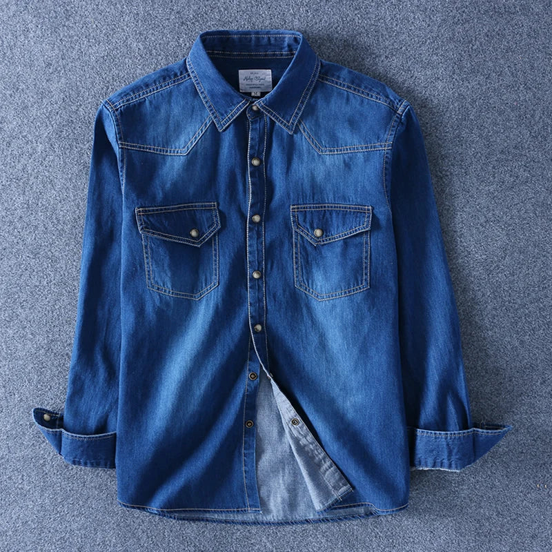 Fashion Men Denim Shirt Thin Long Sleeve Soft Cotton Double Pockets Slim Slight Elastic Jeans Blue Tops Cowboy Clothing