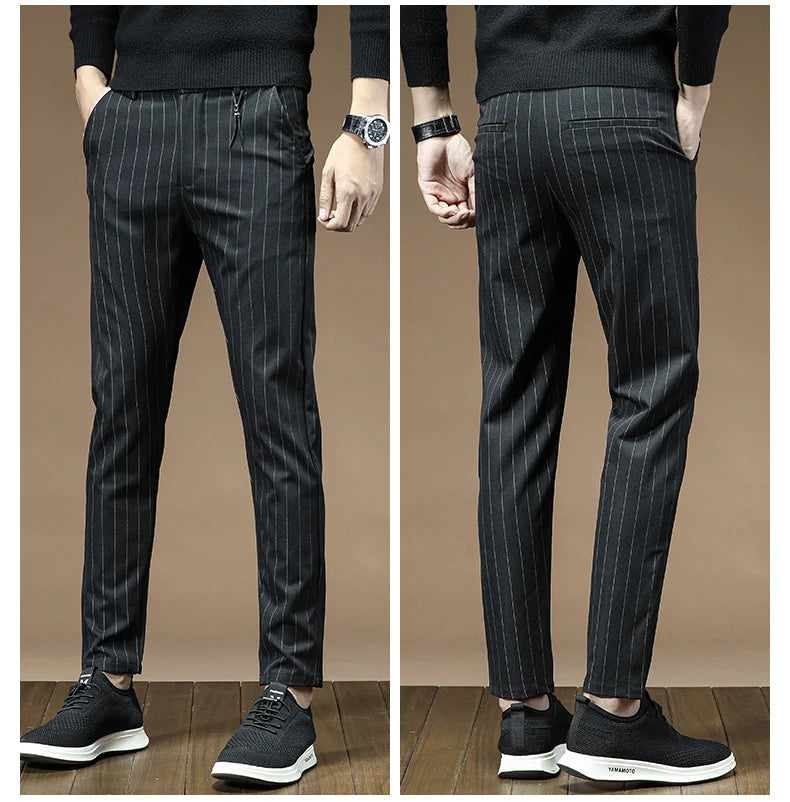 Fashion High Quality OUSSYU Men Pants Straight Long Classic Business Brand Thin England Stripe Casual Full Trousers Male 36 38