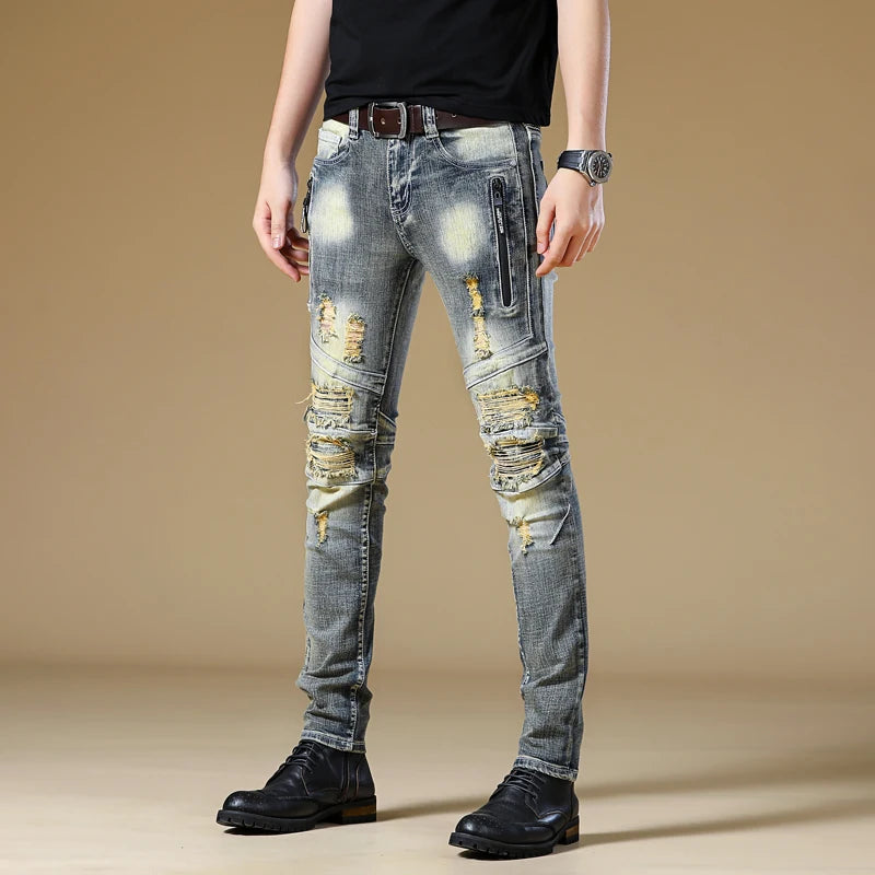 High-quality New Mens Ripped Jeans Cotton Black Slim Skinny Motorcycle Jeans Men Vintage Distressed Denim Jeans Hiphop Pants