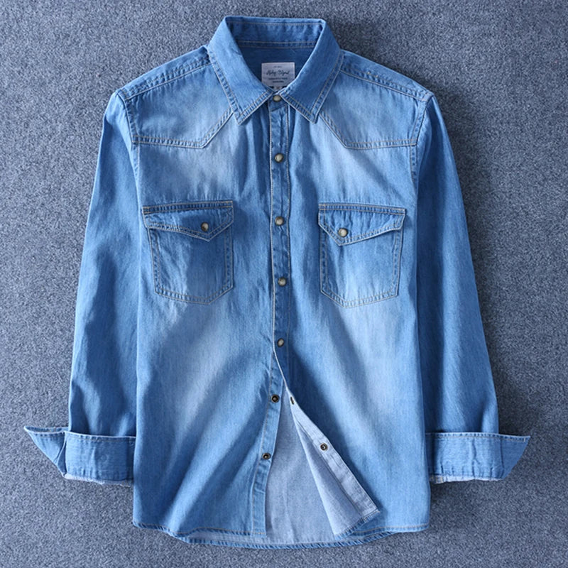 Fashion Men Denim Shirt Thin Long Sleeve Soft Cotton Double Pockets Slim Slight Elastic Jeans Blue Tops Cowboy Clothing