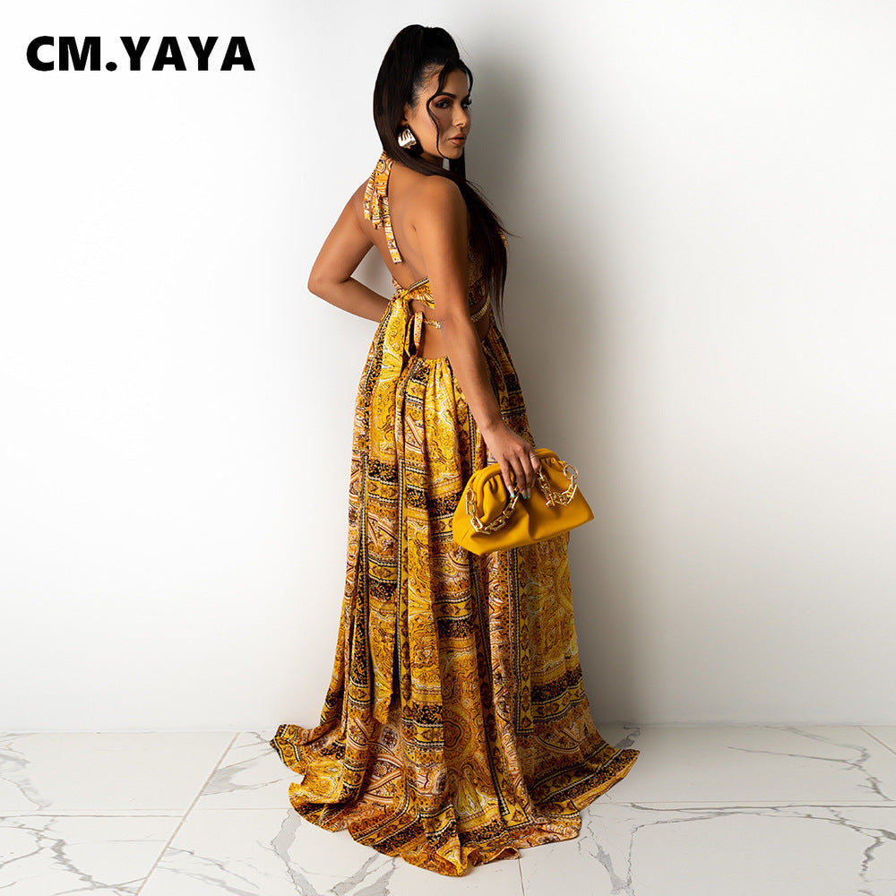 CM.YAYA Women Long Dress Print Sleeveless Halter Bandage Hollow Out Splited Maxi Dresses Sexy Night Party Vestidos Summer Outfit