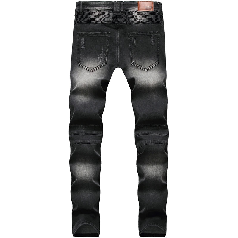 High-quality New Mens Ripped Jeans Cotton Black Slim Skinny Motorcycle Jeans Men Vintage Distressed Denim Jeans Hiphop Pants