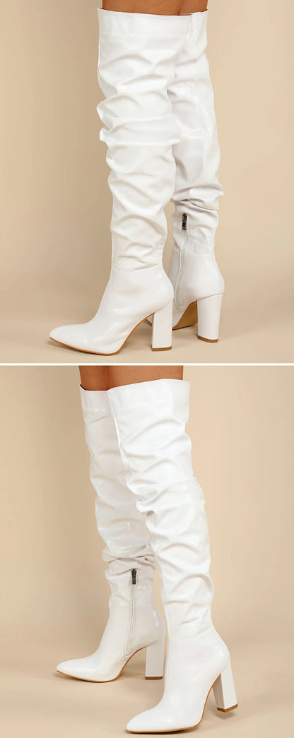 Eilyken Fashion White Pleated Women Over-the-Knee Boots Sexy Pointed Toe Square Heels Ladies Long Zipper Female Shoes