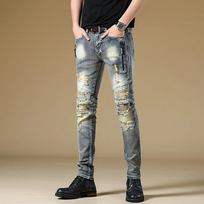 High-quality New Mens Ripped Jeans Cotton Black Slim Skinny Motorcycle Jeans Men Vintage Distressed Denim Jeans Hiphop Pants