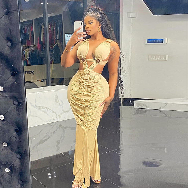 Joskaa Sexy Bandage Cross Hollow Maxi Dress Women  V-Neck Backless Backless Elegant Party Dresses Birthday Clubwear Summer 2024