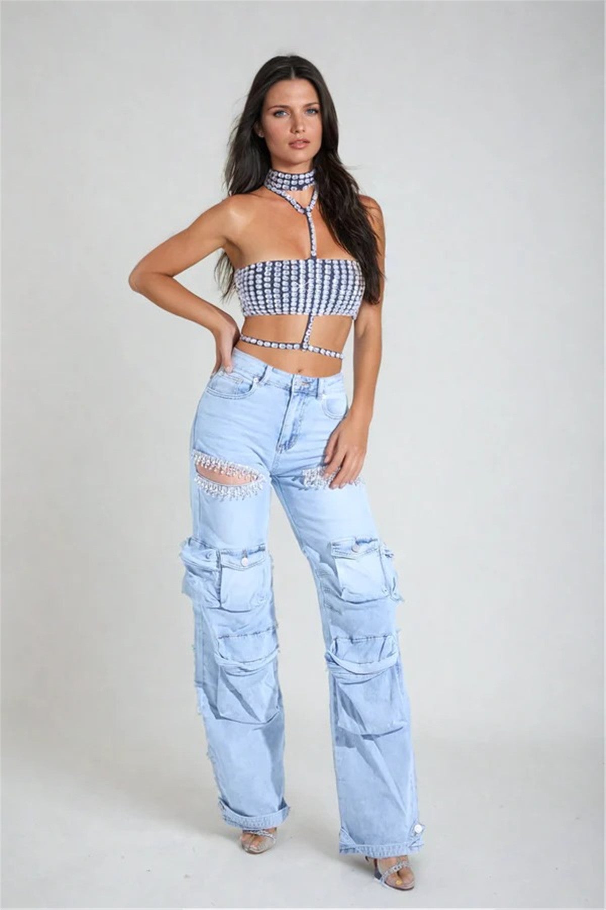 JHJN Washed Denim Retro Style Hollow Out Diamond Decoration Overalls Multiple Pockets Stretch Jeans For Women Luxury Brand