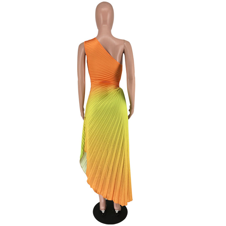 CM.YAYA Women Gradient Printed Pleated One Shoulder Roll Waist Maxi Irregular Big Swing Dress 2023 Sexy Party Vestidos Dresses