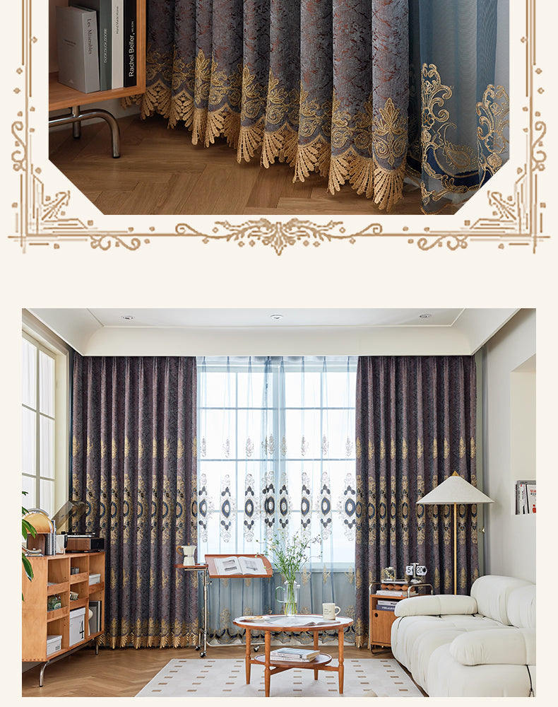 New European Style Simple light blue Thread Embroidered Curtains for Living Room Bedroom Study Blackout Curtain Customization