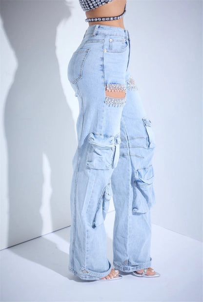 JHJN Washed Denim Retro Style Hollow Out Diamond Decoration Overalls Multiple Pockets Stretch Jeans For Women Luxury Brand