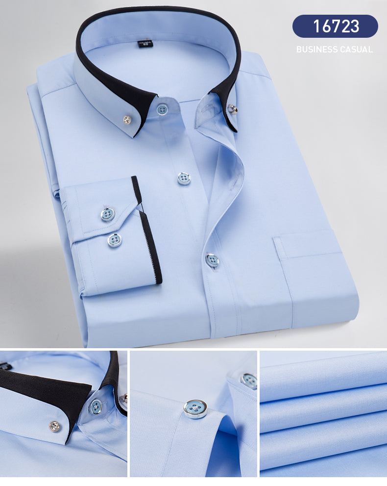 New Arrival Spring Men's Dress Shirt Long Sleeve Elastic Non-iron Youth Crysatal Button Up Patcework Collar Easy Care Formal Top