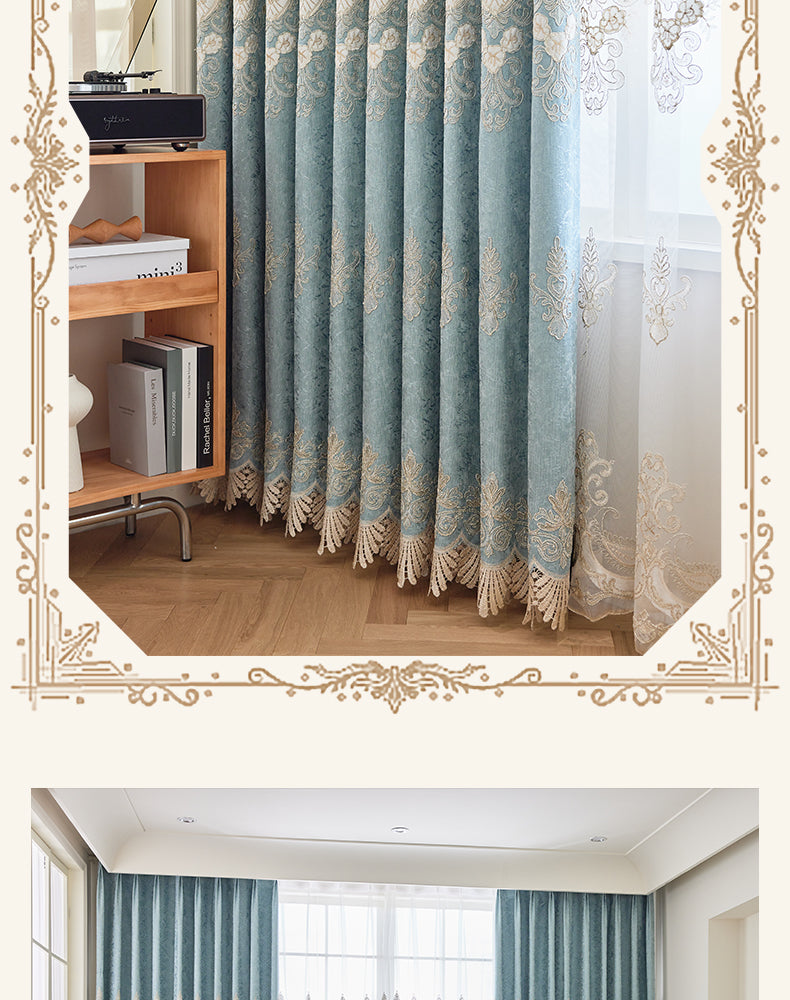 New European Style Simple light blue Thread Embroidered Curtains for Living Room Bedroom Study Blackout Curtain Customization