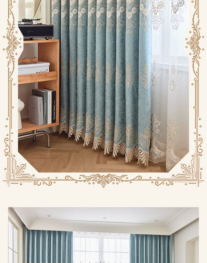 New European Style Simple light blue Thread Embroidered Curtains for Living Room Bedroom Study Blackout Curtain Customization