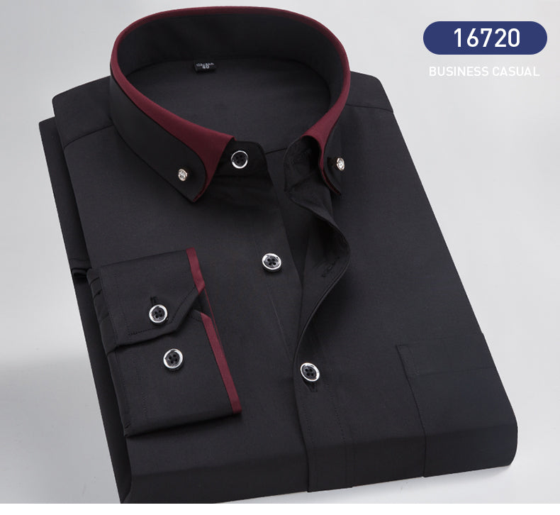 New Arrival Spring Men's Dress Shirt Long Sleeve Elastic Non-iron Youth Crysatal Button Up Patcework Collar Easy Care Formal Top