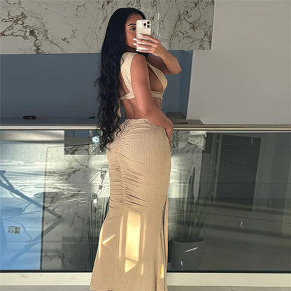 Joskaa Sexy Bandage Cross Hollow Maxi Dress Women  V-Neck Backless Backless Elegant Party Dresses Birthday Clubwear Summer 2024