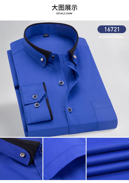 New Arrival Spring Men's Dress Shirt Long Sleeve Elastic Non-iron Youth Crysatal Button Up Patcework Collar Easy Care Formal Top