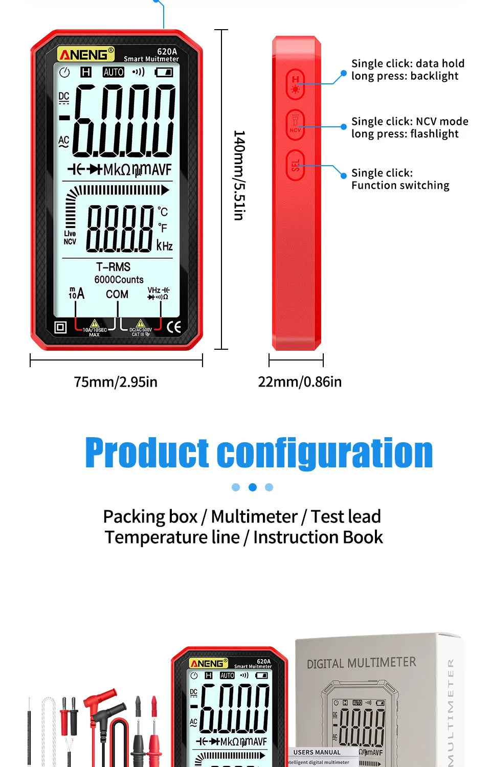 ANENG 620A 6000 Counts Digital Smart Multimeter Transistor Testers True RMS Auto Electrical Capacitance Meter Temp Resistance