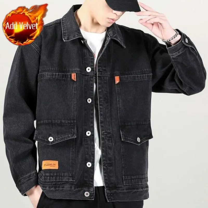 Men's Denim Jacket Padding Wool Male Jean Coats Elatic Black with Sheep Padded Warm Wide Shoulders One Piece Cheap Price Stylish